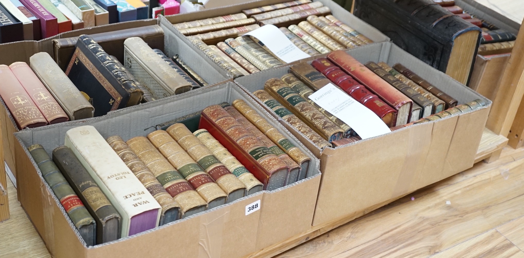 Five boxes of mixed leather bound books, including History of Chrivalry, Chaucer, Stories from Wagner, War and Peace and The Conquest of Granada, including a large leather bound bible